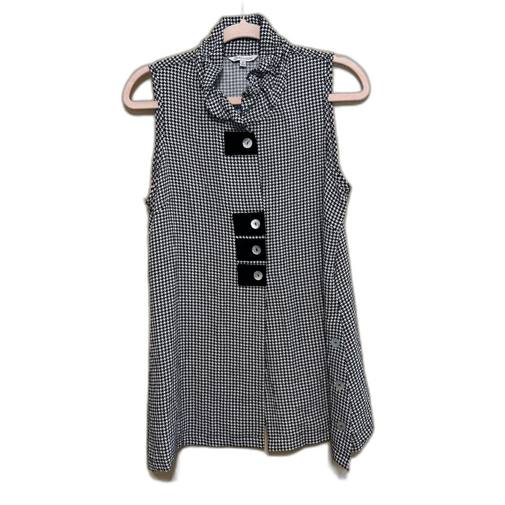 John Mark Ruffle Neck Top Women Small Black White Geometric Art Wear Lagenlook